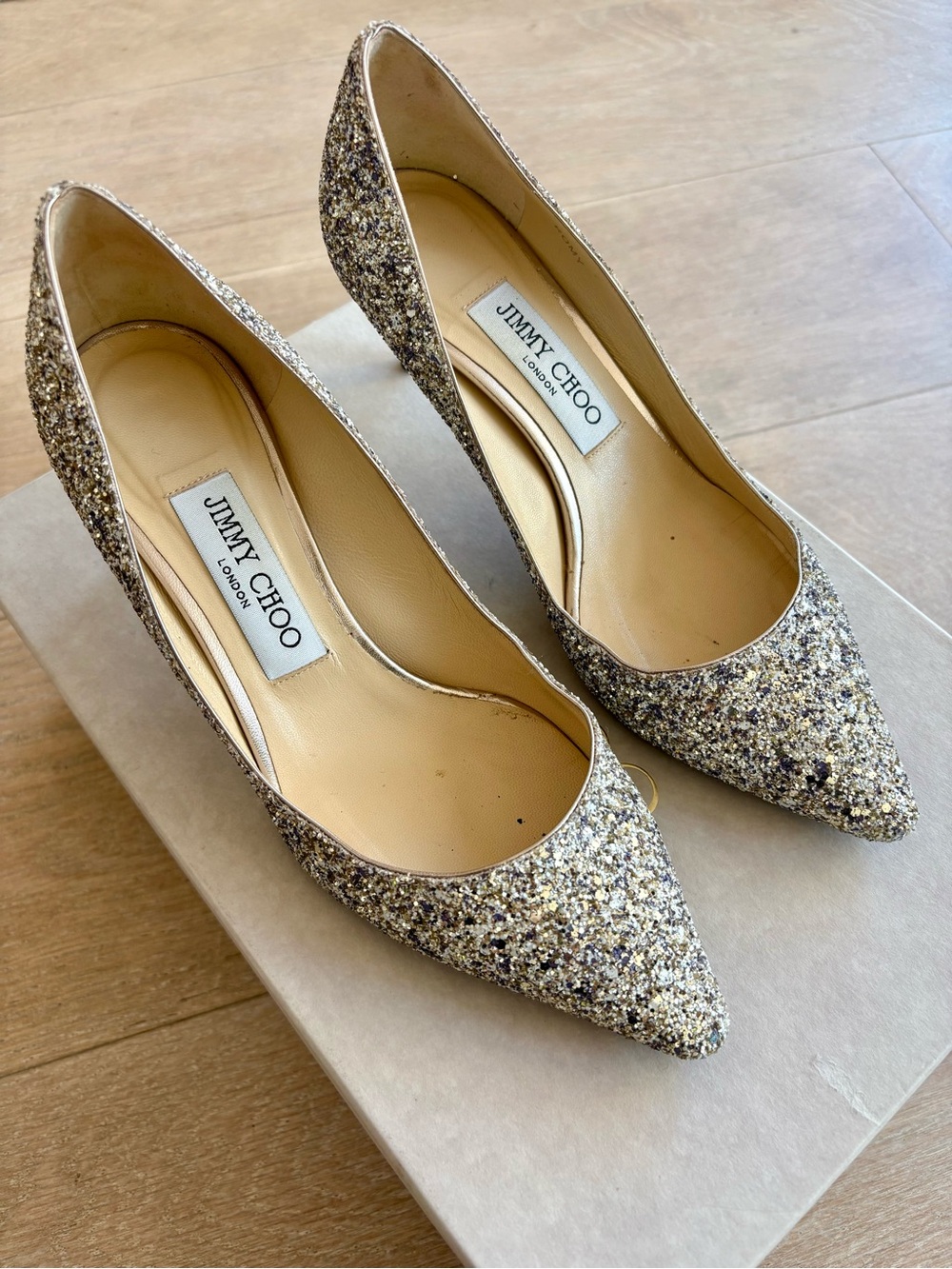 Jimmy Choo Romy 60 Glitter Champagne Pointed-Toe Heels Pumps